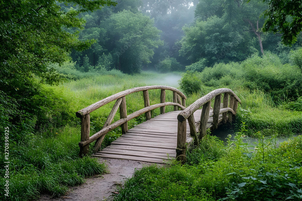 Wooden bridge over water in lush green woods, morning fog. Nature background Wooden bridge over water in lush green woods, morning fog. Nature background