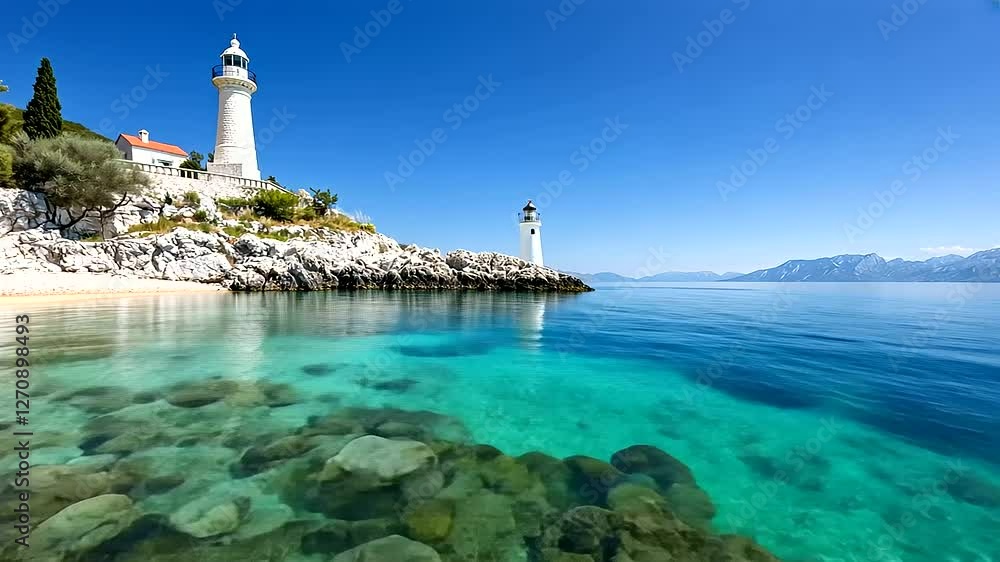 Lighthouse on the Adriatic Sea amid Rocky Cliffs and Clear Waters Lighthouse on the Adriatic Sea amid Rocky Cliffs and Clear Waters