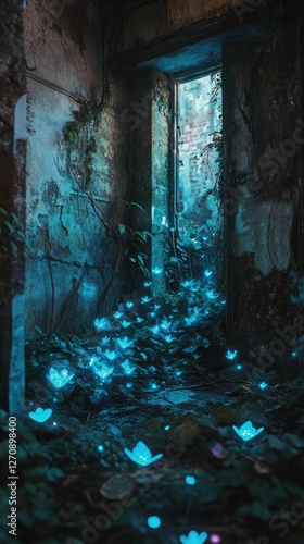 Glowing flowers illuminate a decaying building's interior.