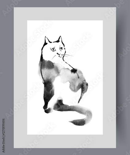 Fluffy cat with sad eyes sits and looks to side on wall art. Watercolor artwork. Print with cat or kitten in need of human affection and kind guardian, in frame with decor for poster