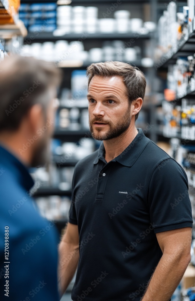 Electrician and Customer Discussing Electrical Components in Office Store Electrician and Customer Discussing Electrical Components in Office Store