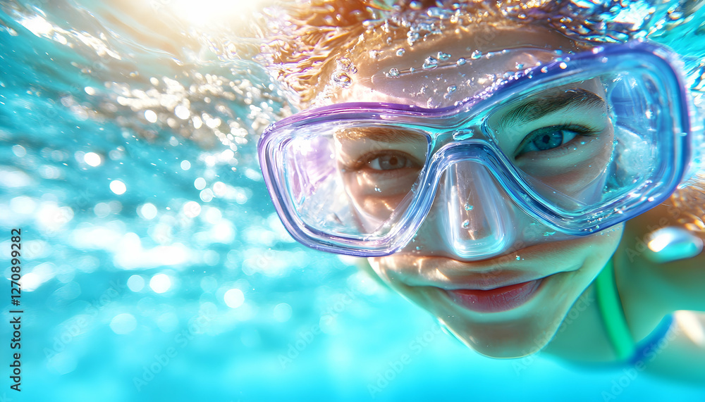Naklejka premium Young girl swims underwater, enjoys sunlight streaming through water surface. Stock