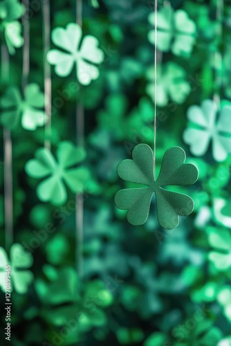 Green shamrock cutouts for St Patrick's Day, hanging from strings of greenery. photo