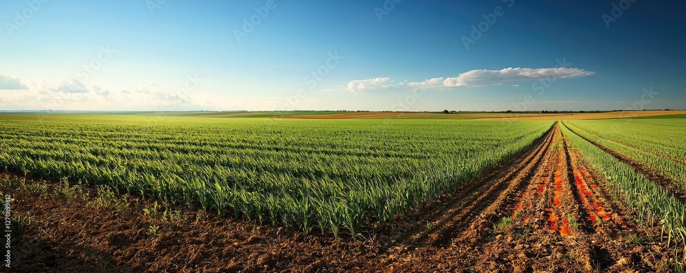 Acid rain climate change concept. Vast green field with clear blue sky and dirt paths creating a serene atmosphere. Acid rain climate change concept. Vast green field with clear blue sky and dirt paths creating a serene atmosphere.