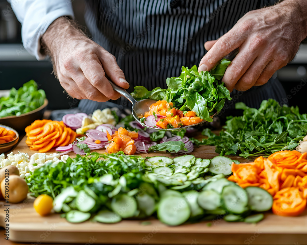 A chef prepares a colorful, fresh salad in a restaurant kitchen for healthy eating A chef prepares a colorful, fresh salad in a restaurant kitchen for healthy eating