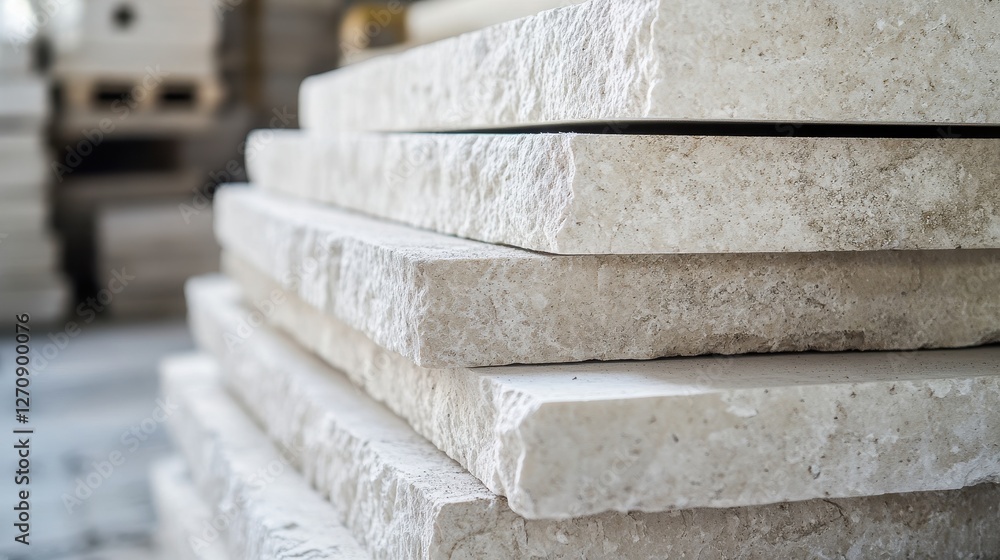 Stack of Beige Stone Slabs in Warehouse Stack of Beige Stone Slabs in Warehouse