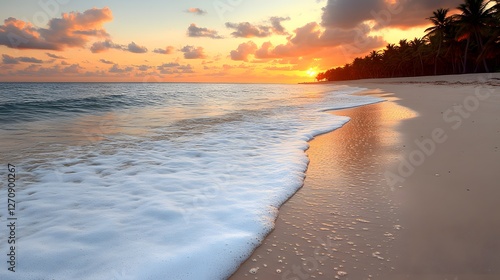 Wallpaper Mural Beach Sunset With Glistening Waves Against a Palm-Lined Shoreline Torontodigital.ca