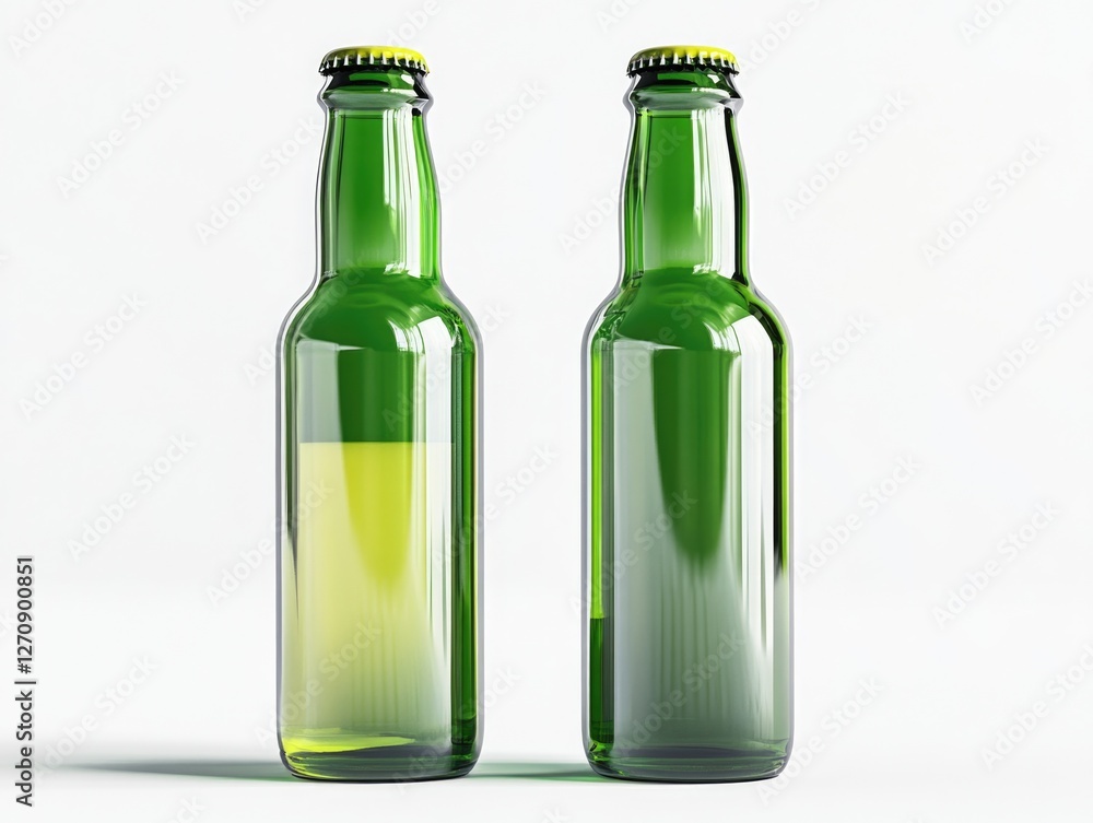 Two green glass beer bottles with capsules inside, possibly containing beer. Two green glass beer bottles with capsules inside, possibly containing beer.