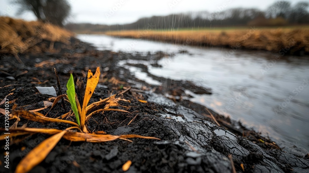 Acid rain climate change concept. A resilient green shoot emerges from the mud along a tranquil riverside. Acid rain climate change concept. A resilient green shoot emerges from the mud along a tranquil riverside.