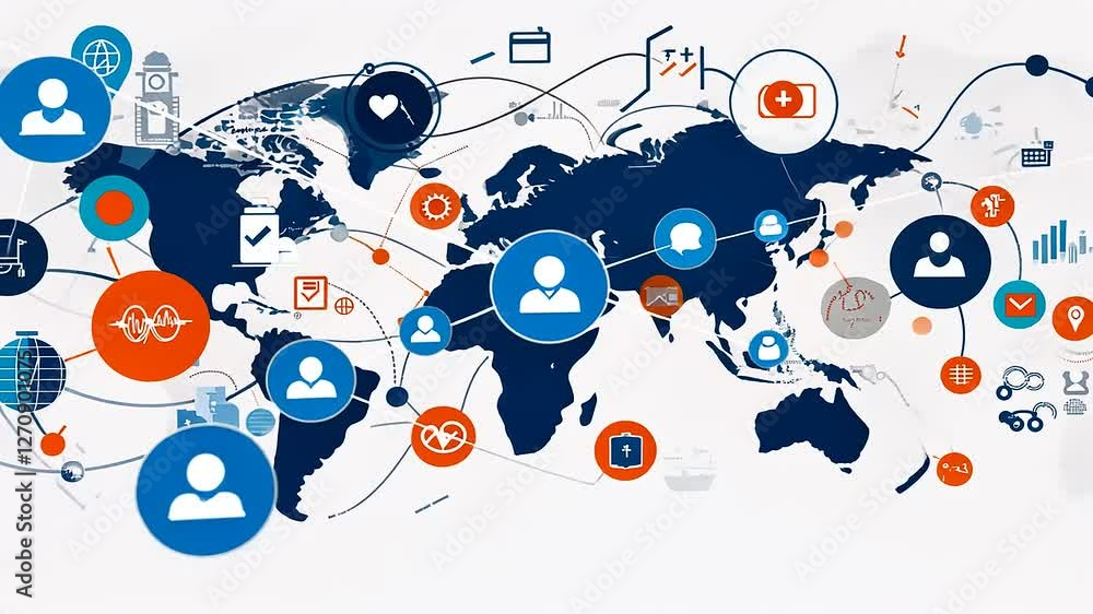 A graphic illustration of a global network connecting various health and technology icons.