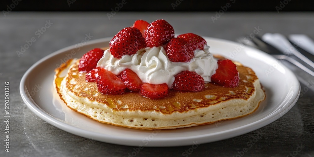 A delicious pancake dish topped with fresh strawberries and a dollop of whipped cream, presented on a white plate. A delicious pancake dish topped with fresh strawberries and a dollop of whipped cream, presented on a white plate.