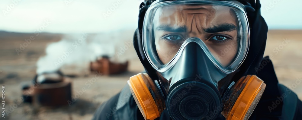 Acid rain climate change idea. A man wearing a gas mask in a polluted environment, conveying urgency and concern. Acid rain climate change idea. A man wearing a gas mask in a polluted environment, conveying urgency and concern.