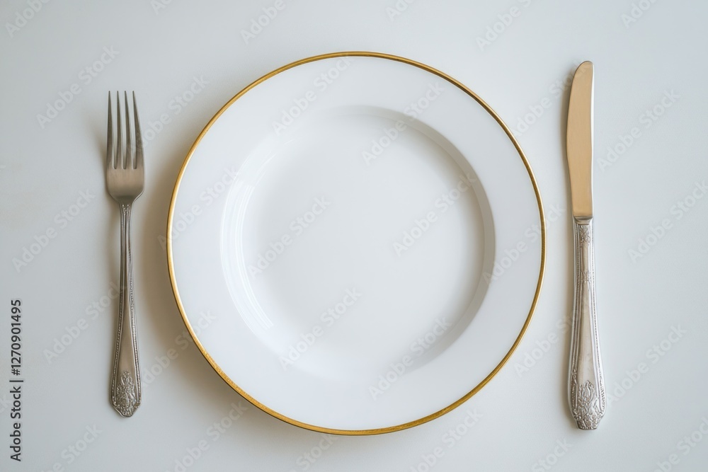Gold and silver table setting with a plate, saucer, fork, knife, and spoon. The utensils are arranged elegantly for formal dining. Gold and silver table setting with a plate, saucer, fork, knife, and spoon. The utensils are arranged elegantly for formal dining.