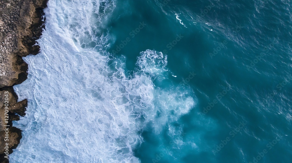 Obraz premium Aerial view of crashing ocean waves against rocky coastline in a tropical paradise : Generative AI