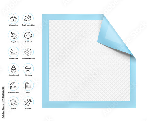 Disposable rectangular changing mat mockup with set icons. Vector illustration isolated on white background. Template for your product. EPS10.