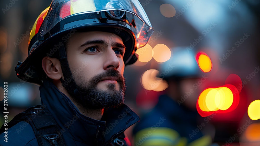 A firefighter stands alert, gazing towards a fire scene. The backdrop displays glowing lights and warm hues from the flames, highlighting the urgency of the situation. A firefighter stands alert, gazing towards a fire scene. The backdrop displays glowing lights and warm hues from the flames, highlighting the urgency of the situation.