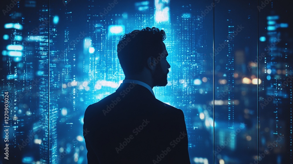 Man in Suit Contemplates a Digital Cityscape Man in Suit Contemplates a Digital Cityscape
