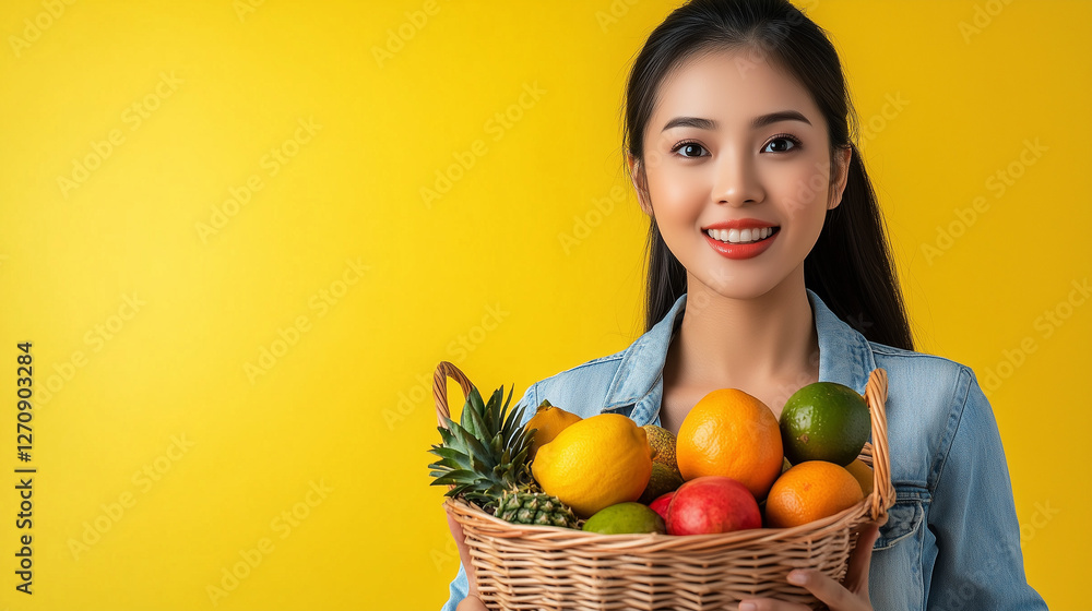 beauty farmer woman holding fruits in basket, marketing photography, happy to sell you a product, standing, smiling on solid background beauty farmer woman holding fruits in basket, marketing photography, happy to sell you a product, standing, smiling on solid background