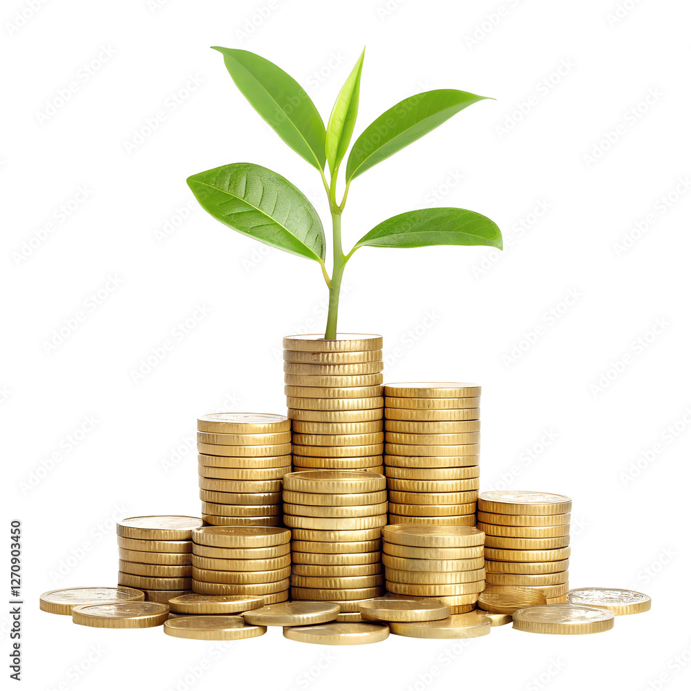 money growth concept with plant on coin stacks. investment and finance growth with plant and coins,pile of coins with a growing plant isolated on transparent background money growth concept with plant on coin stacks. investment and finance growth with plant and coins,pile of coins with a growing plant isolated on transparent background