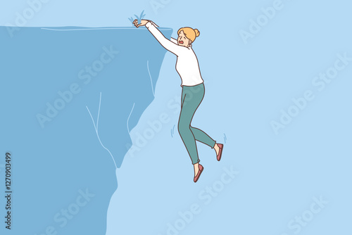 Scared businesswoman falls off cliff due to taking risks, building career or starting startup