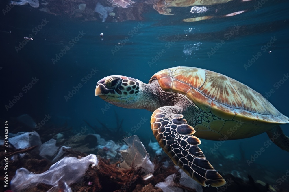 Fototapeta premium A sea turtle swim through trash underwater outdoors reptile.