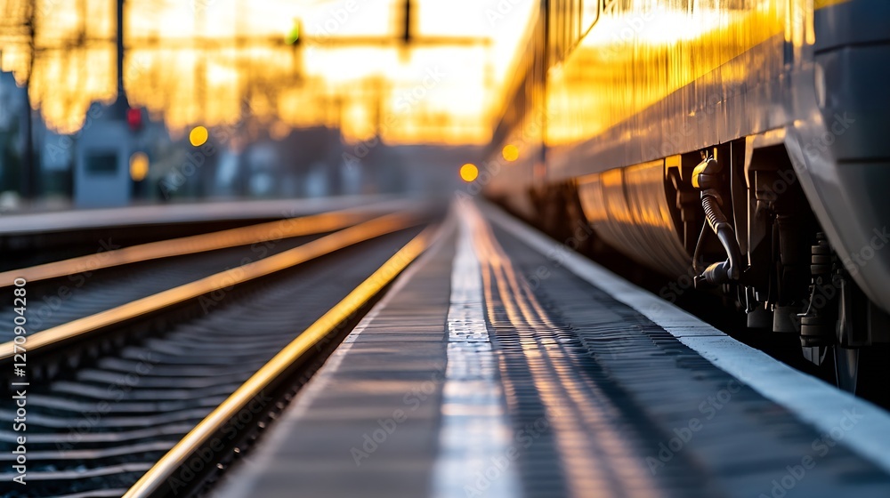 Naklejka premium Golden Sunset Over Train Tracks with Glowing Lights in the Evening Sky : Generative AI