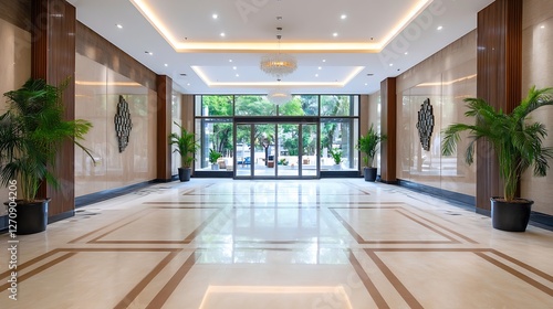 Wallpaper Mural Modern entrance lobby with elegant design featuring potted plants and natural light streaming through large windows : Generative AI Torontodigital.ca