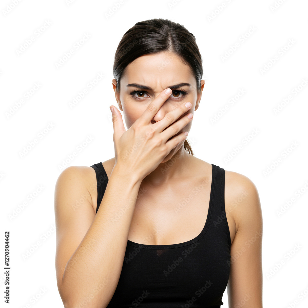 A fierce-looking woman with sharp eyebrows and a confident stance facepalms dramatically, wearing a simple black tank top A fierce-looking woman with sharp eyebrows and a confident stance facepalms dramatically, wearing a simple black tank top