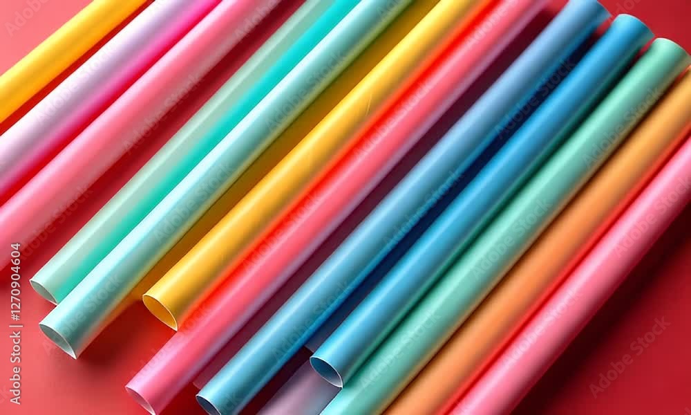 Colorful rolled paper sheets arranged diagonally on a red background. Colorful rolled paper sheets arranged diagonally on a red background.