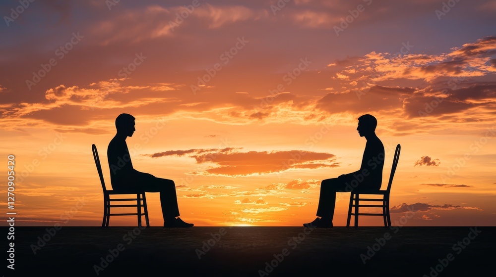 Obraz premium Silhouettes of Two People in Chairs Against a Vibrant Sunset Symbolizing Social Welfare and Mental Health Discussions