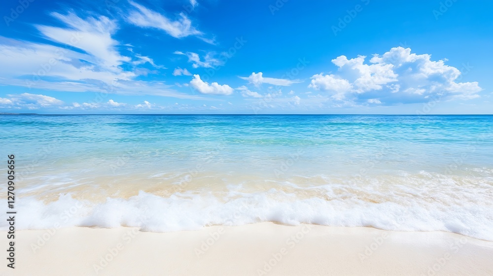 Stunning ocean beach view with calm waves lapping at the pristine sandy shoreline : Generative AI Stunning ocean beach view with calm waves lapping at the pristine sandy shoreline : Generative AI