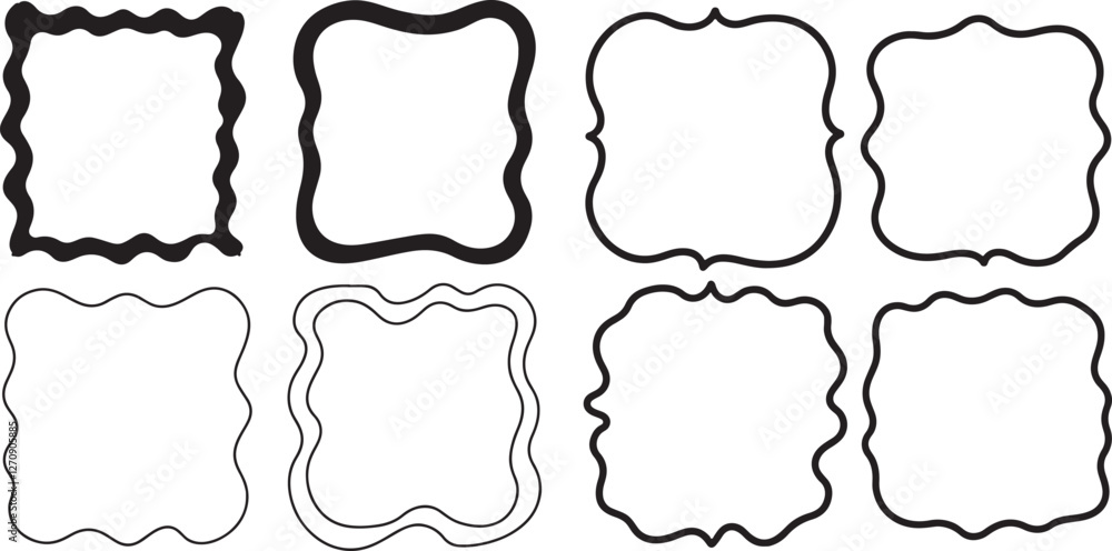 Fototapeta premium Set of rectangle frames with wavy edges. Rectangular shapes with wiggly borders. Picture or photo frames, empty text boxes, tags, labels isolated on white