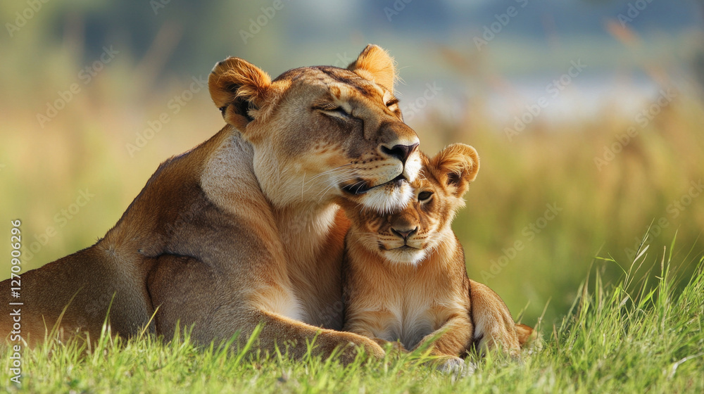 Bonding moments between a lioness and her cub in a serene natural setting during the golden hour Bonding moments between a lioness and her cub in a serene natural setting during the golden hour