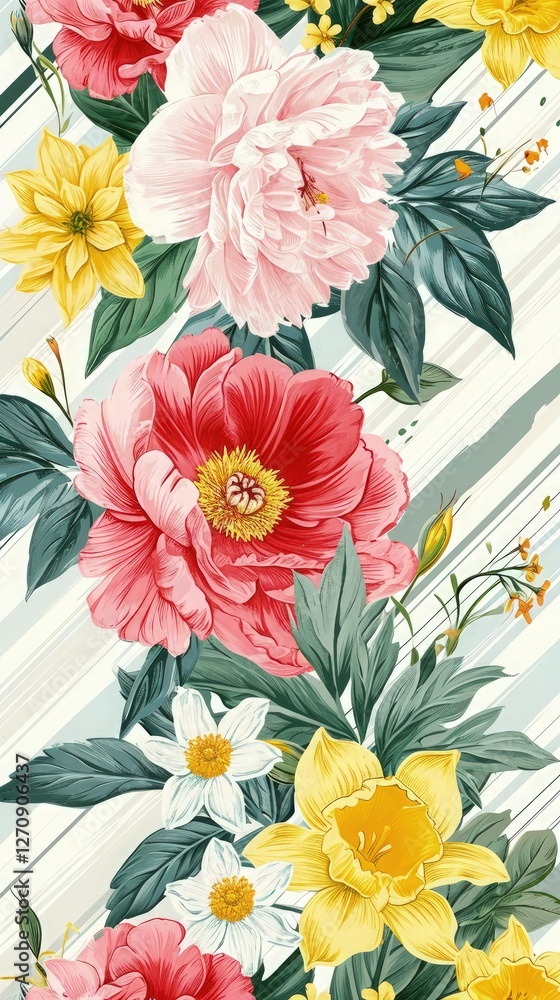 Summer sunny floral seamless vector pattern. Peony, wild rose, narcissus, carnation, pink and yellow flowers. Simple dotted backdrop with diagonal lines and small princess crowns. Summer sunny floral seamless vector pattern. Peony, wild rose, narcissus, carnation, pink and yellow flowers. Simple dotted backdrop with diagonal lines and small princess crowns.