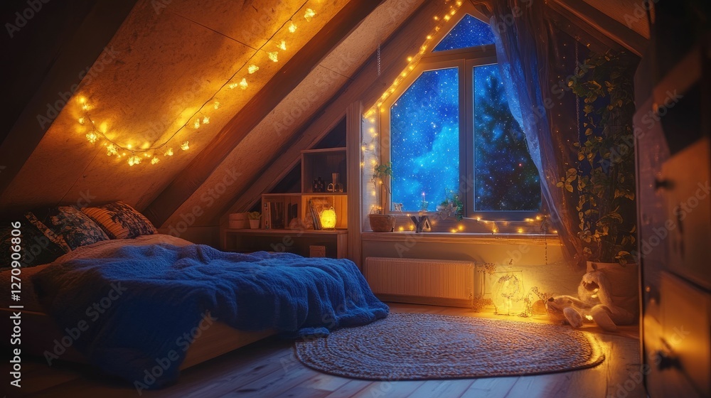 Cozy attic bedroom, nighttime, string lights, starlit window. Cozy attic bedroom, nighttime, string lights, starlit window.