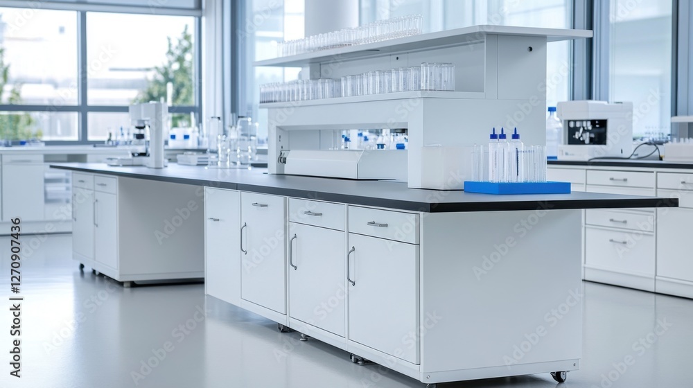 Modern Laboratory Workspace Featuring White Counters, Glassware, and Filtering Equipment in Bright Environment Modern Laboratory Workspace Featuring White Counters, Glassware, and Filtering Equipment in Bright Environment