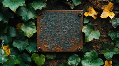 Rusty metal plate amidst autumnal ivy photo