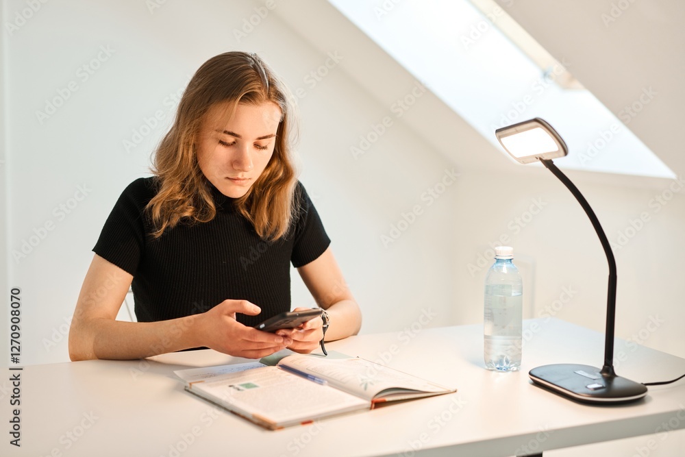 Beautiful schoolgirl sits at a desk with notebooks and textbooks, does homework Beautiful schoolgirl sits at a desk with notebooks and textbooks, does homework