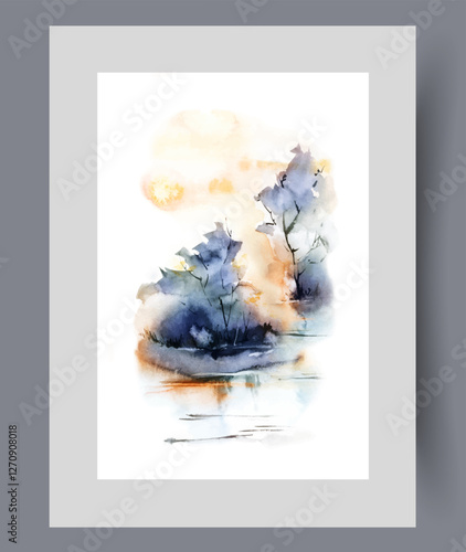 Picturesque lake with trees or bushes growing on shore surrounded by water, on watercolor artwork. Island in middle of lake with autumn forest for lovers of wildlife and mushroom or fishing pickers