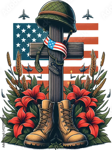 Christian cross cross, helmet, and boots vector illustration
