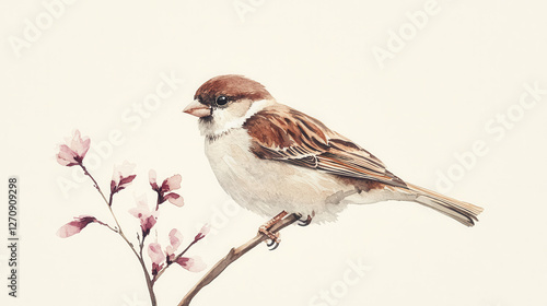 A watercolor illustration of a small brown-and-white bird with a slender beak perched on a thin branch, soft brushwork emphasizing the feather texture, with a calm and curious demeanor
