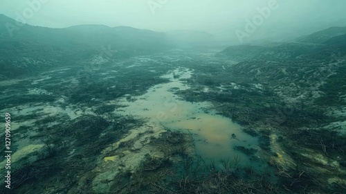 Wallpaper Mural Acid rain climate change concept. Aerial view of a misty landscape revealing wetlands and rugged hills. Torontodigital.ca