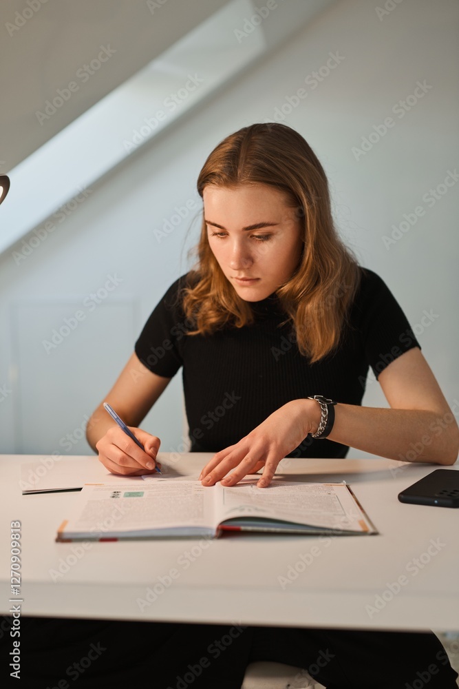 Beautiful schoolgirl sits at a desk with notebooks and textbooks, does homework Beautiful schoolgirl sits at a desk with notebooks and textbooks, does homework