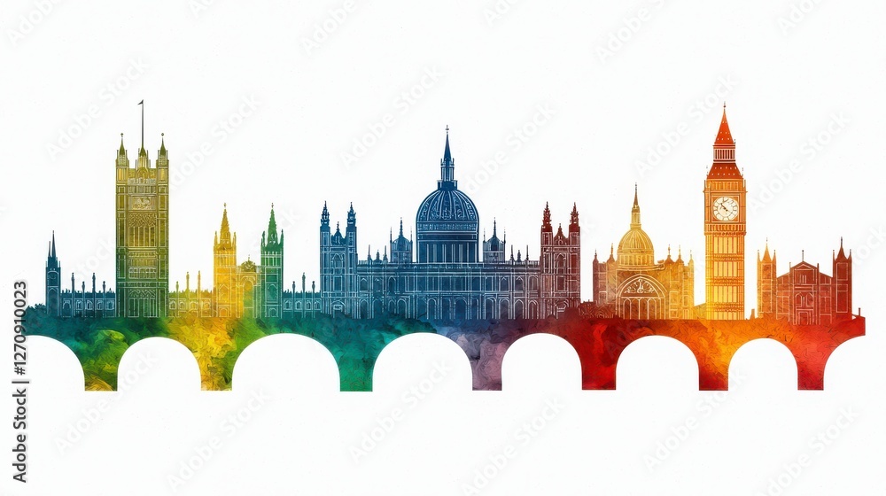Obraz premium Colorful Silhouette of Iconic London Landmarks Including Big Ben and the Houses of Parliament