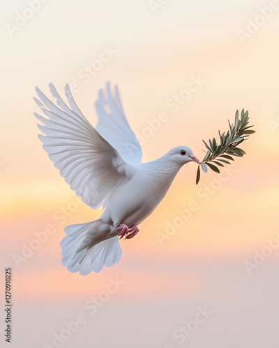 White dove carrying olive branch flying against pastel sunset sky
