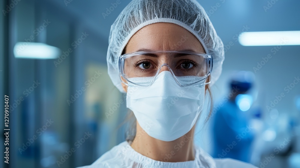 Professional Female Scientist Wearing Protective Gear in Laboratory Setting with Advanced Technology Background Professional Female Scientist Wearing Protective Gear in Laboratory Setting with Advanced Technology Background