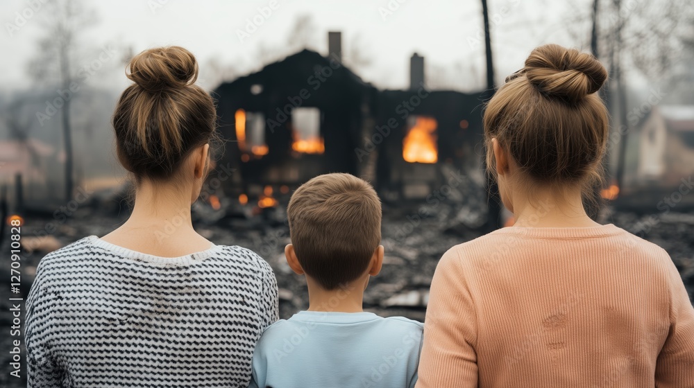 Obraz premium Family Standing Before Devastating Fire Scene