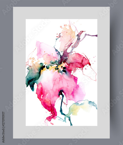 Spring flower with colored petals and bright and fragrant pollen scattered to sides by wind. Watercolor painting with summer flower for illustrations to literature on floriculture and botany