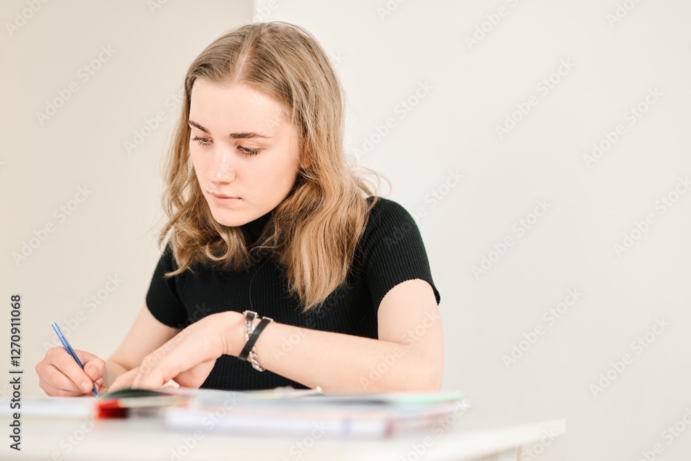 Beautiful schoolgirl sits at a desk with notebooks and textbooks, does homework Beautiful schoolgirl sits at a desk with notebooks and textbooks, does homework
