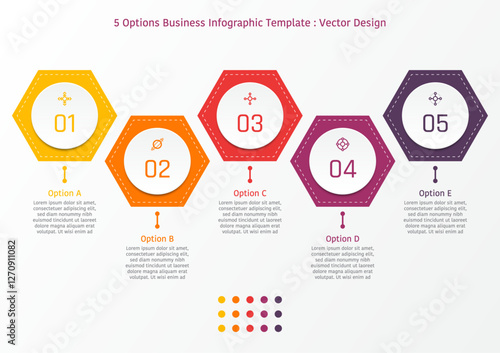 5 options business infographic template, theme of colorful hexagon frame with number on circle button, also with text frame